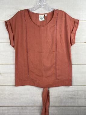 Janet Chung Top Womans M Coral Tie Back Cuffed Short Sleeve Lightweight Flowy